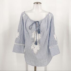 Workshop Republic Clothing Blue Striped Embroidered Tunic Tie Front